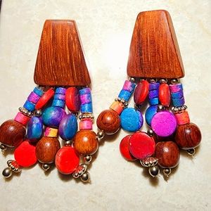 Unique find Wooden southwestern multicolored strung breads post dangle earrings